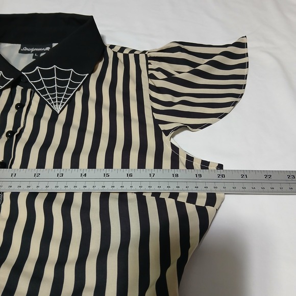 Sourpuss Striped Spiderweb Collar Dress Black Cream Rockabilly Goth Large - Picture 7 of 12